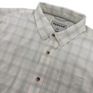Poncho Button Down Shirt Mens M White Green Plaid Slim Short Sleeve Mesh Lined